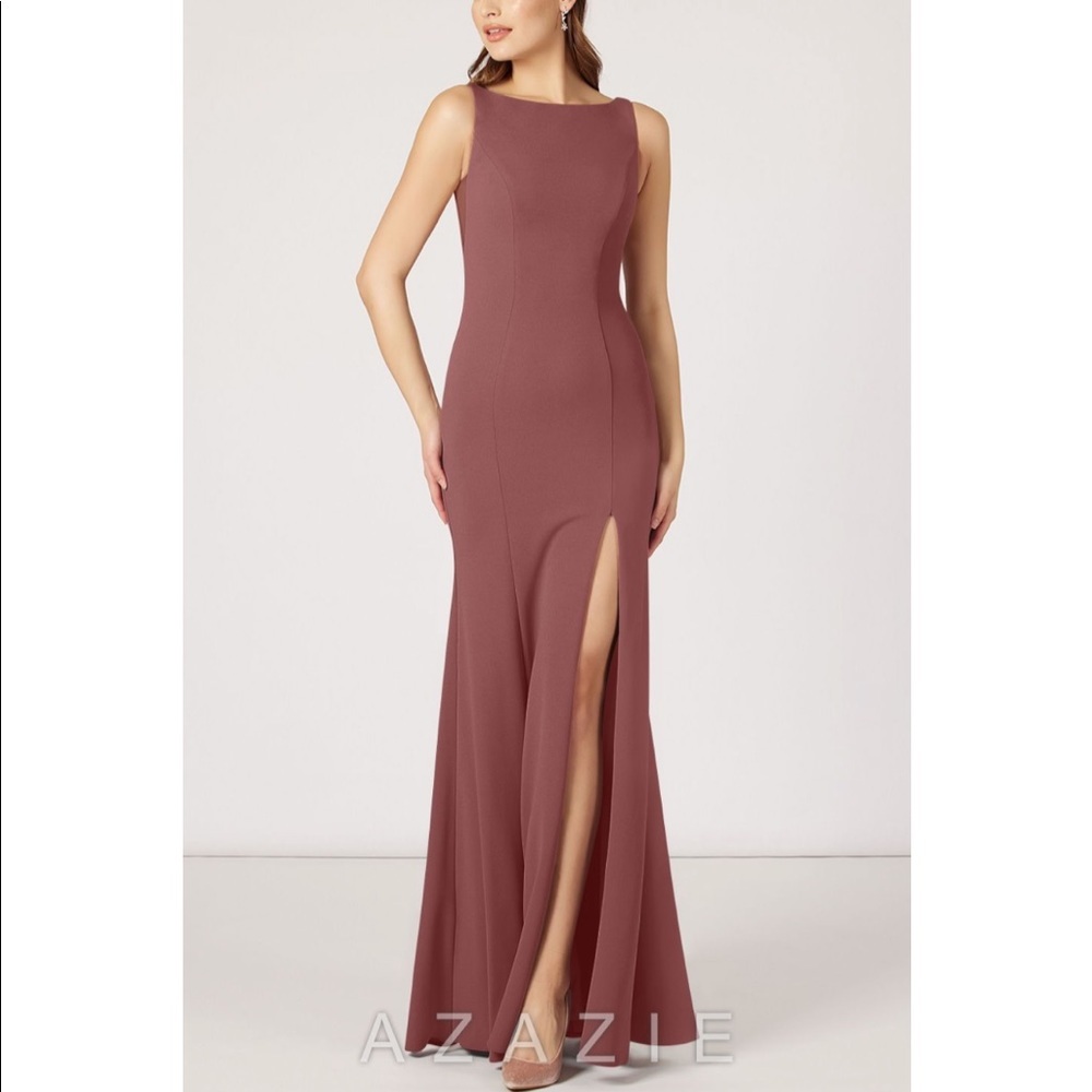 Azazie | Desert Rose Rogue Bateau Neckline Floor Length Mermaid Bridesmaid Dress